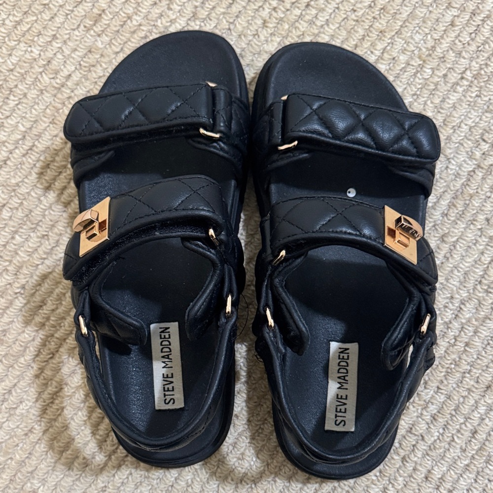 Steve Madden Black Quilted Sandals with Gold Accents